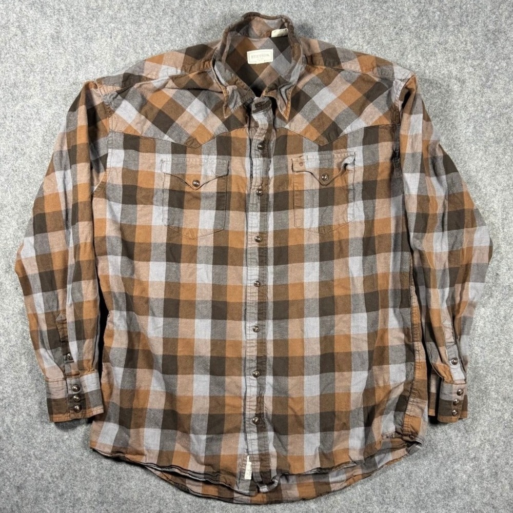 Stetson Mens 2XL Brown Grey‎ Buffalo Plaid Western Pearl Snap Cotton Shirt